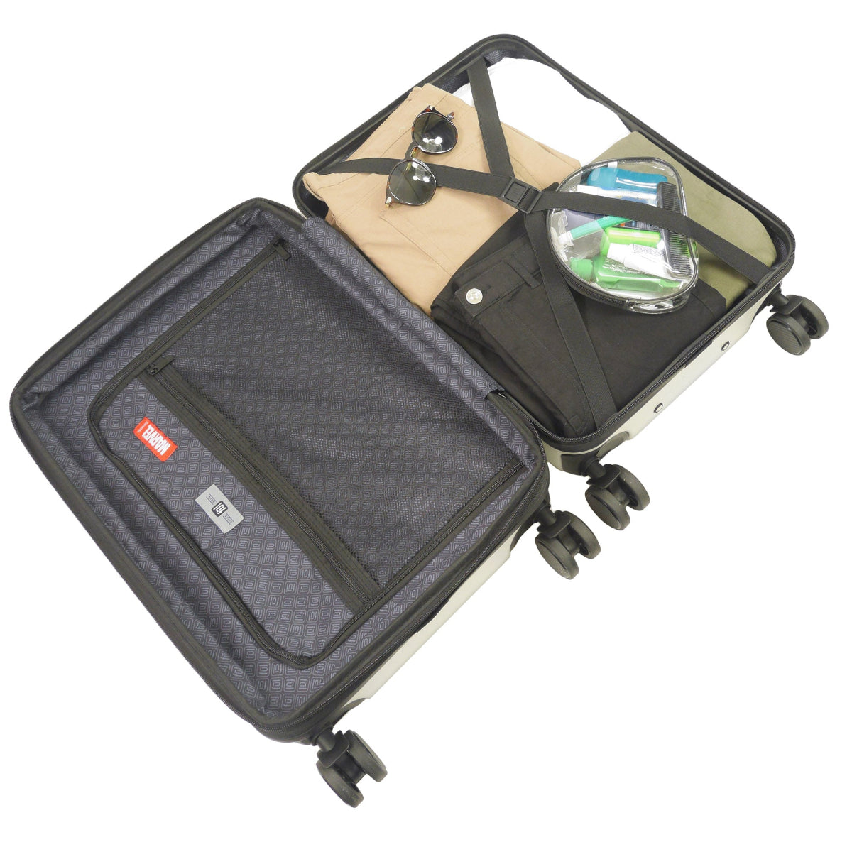 Officially licensed Marvel Deadpool 22.5" white carry-on luggage spinner suitcase featuring Deadpool's signature red & black color to his unmistakable logo.