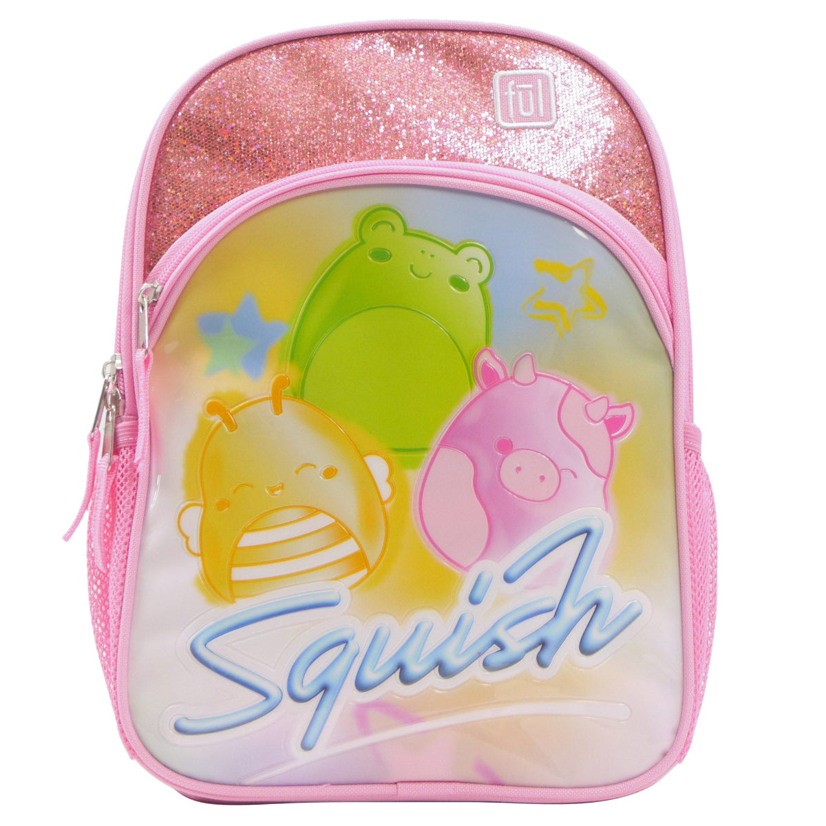 Officially licensed Squishmallows Clouds 2-piece luggage spinner suitcase set by FUL featuring a 21" hard-shell carry-on suitcase and a matching 13" backpack.