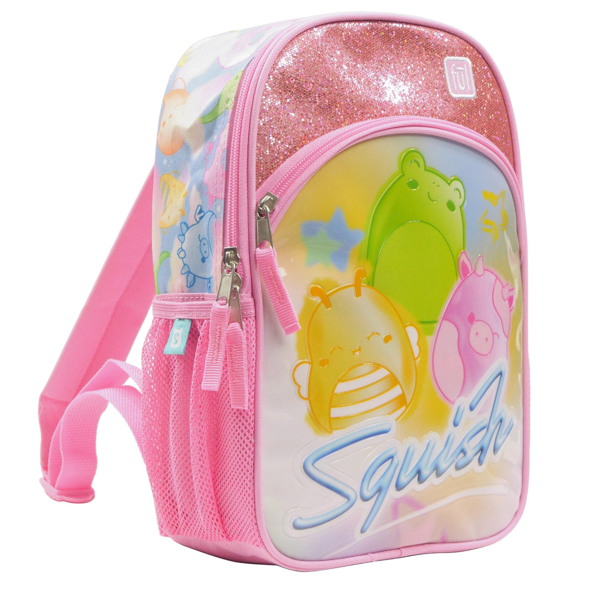 Officially licensed Squishmallows Clouds 2-piece luggage spinner suitcase set by FUL featuring a 21" hard-shell carry-on suitcase and a matching 13" backpack.
