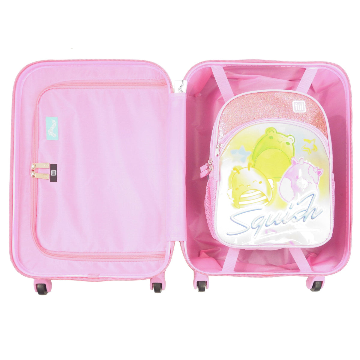Officially licensed Squishmallows Clouds 2-piece luggage spinner suitcase set by FUL featuring a 21" hard-shell carry-on suitcase and a matching 13" backpack.