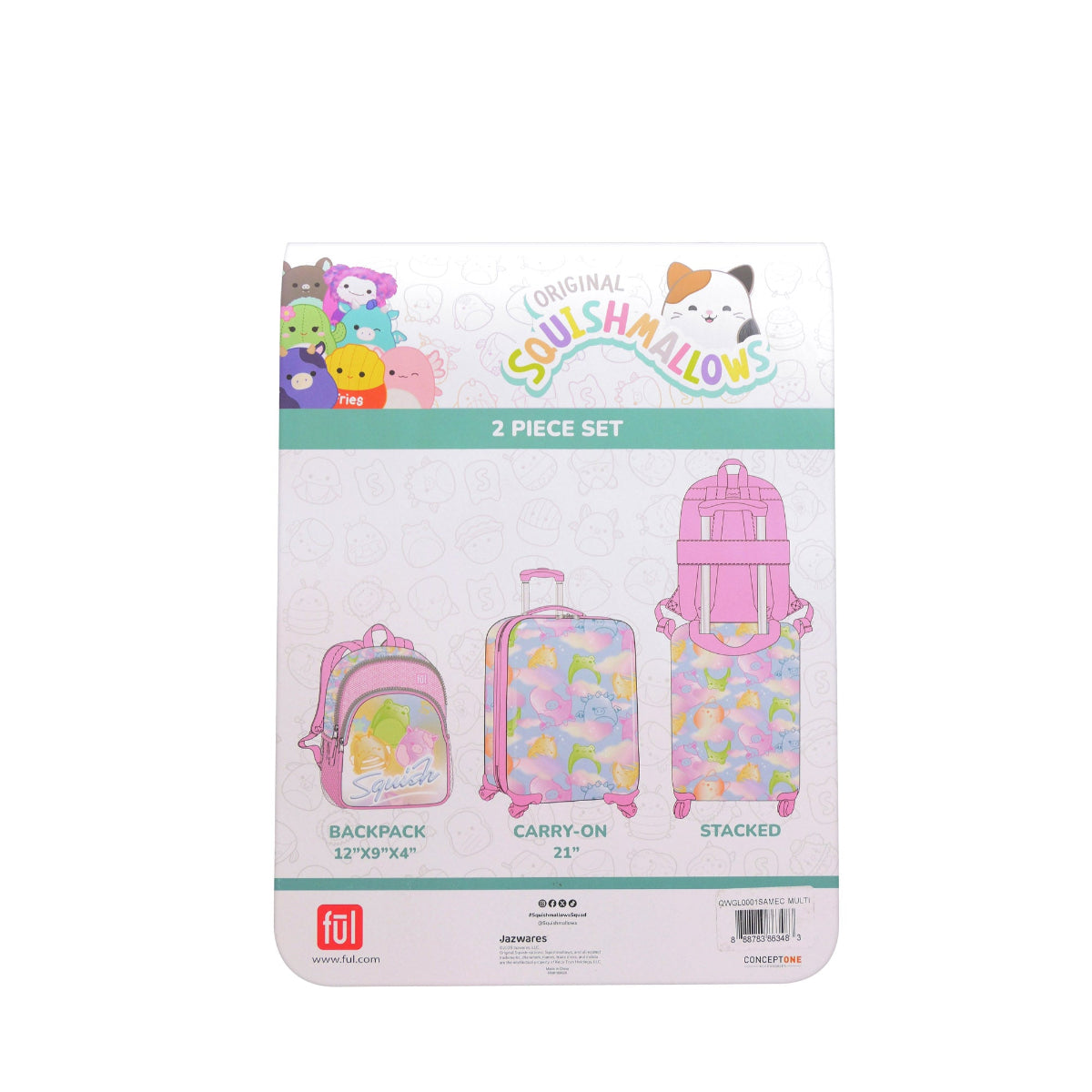 Officially licensed Squishmallows Clouds 2-piece luggage spinner suitcase set by FUL featuring a 21" hard-shell carry-on suitcase and a matching 13" backpack.