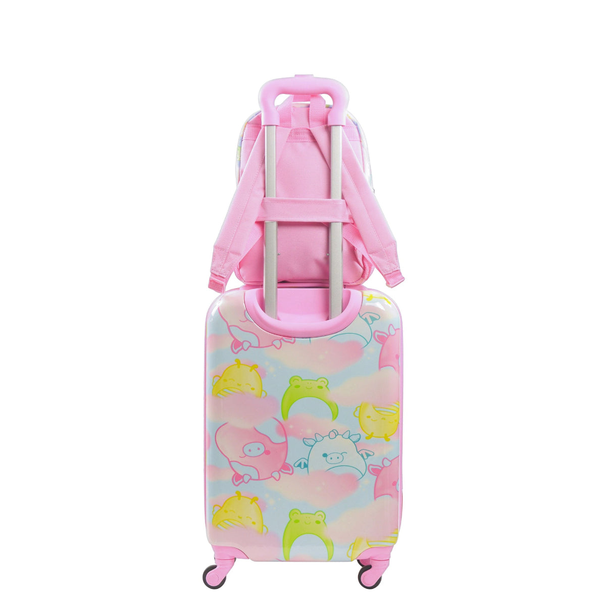Officially licensed Squishmallows Clouds 2-piece luggage spinner suitcase set by FUL featuring a 21" hard-shell carry-on suitcase and a matching 13" backpack.