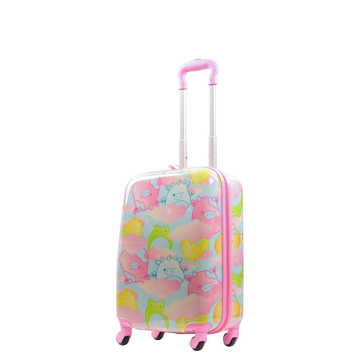 Officially licensed Squishmallows Clouds 2-piece luggage spinner suitcase set by FUL featuring a 21" hard-shell carry-on suitcase and a matching 13" backpack.