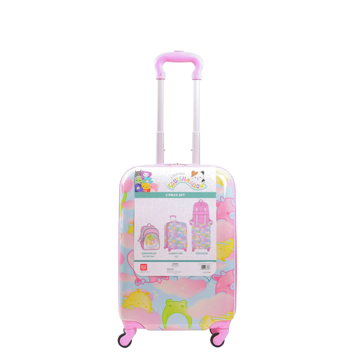 Officially licensed Squishmallows Clouds 2-piece luggage spinner suitcase set by FUL featuring a 21" hard-shell carry-on suitcase and a matching 13" backpack.