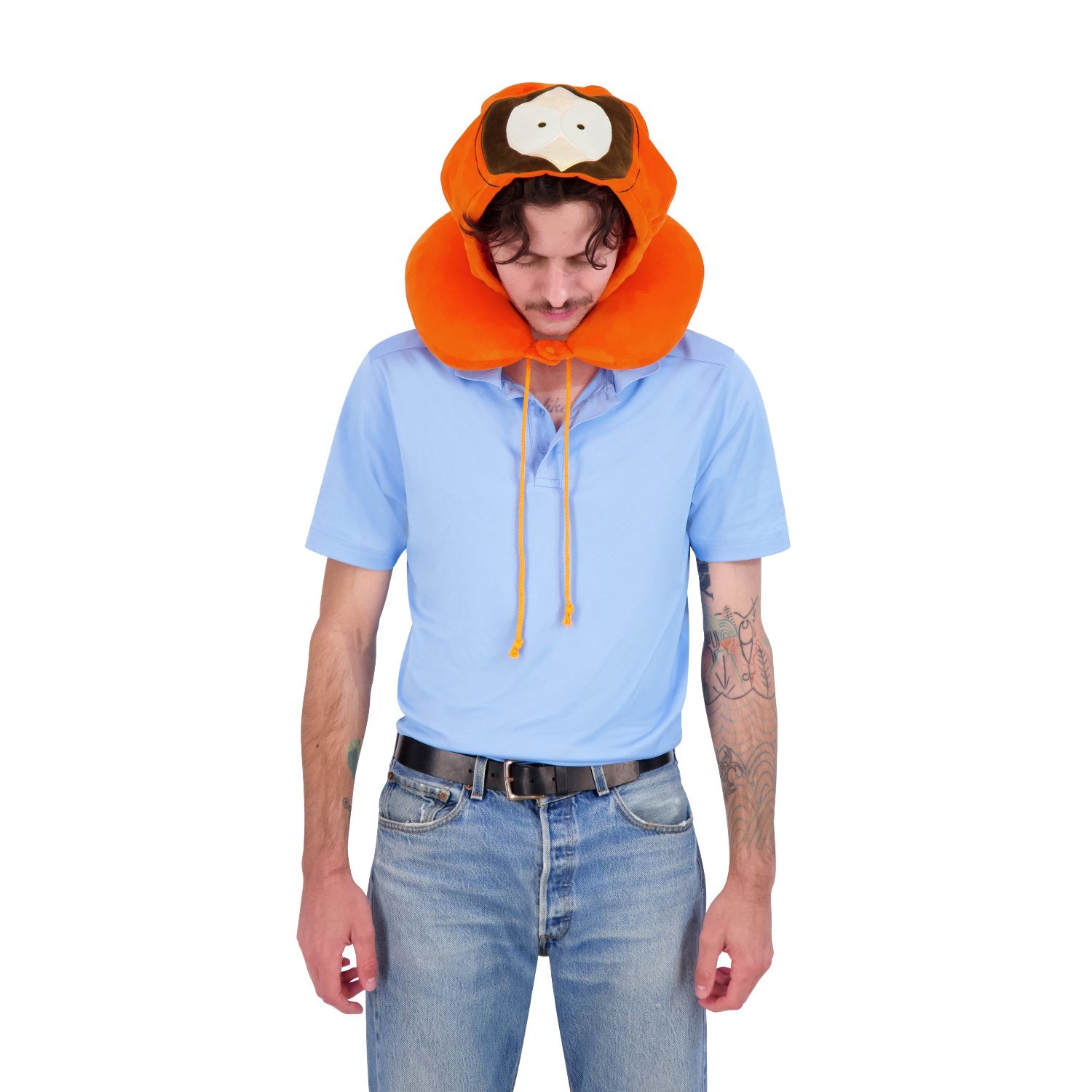 Orange South Park Kenny Hooded Travel Neck Pillow Try On Full Body