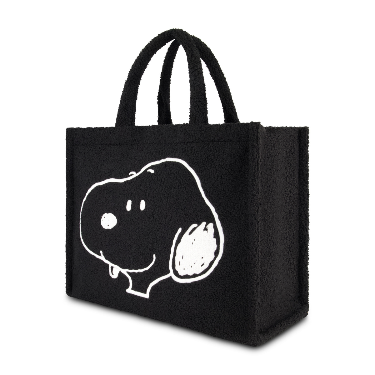 Peanuts Snoopy black tote bag in soft sherpa with trolley strap and adjustable, removable shoulder strap - carry-on travel totes