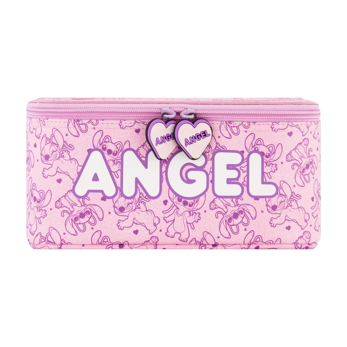 Pink Disney Lilo & Stitch 2-Piece Travel Cosmetic Case Set, featuring the adorable Angel includes a large cosmetic case and a smaller pouch, both adorned with a playful all-over Angel print. Both pieces are perfect for keeping your beauty essentials, toiletries, and accessories organized on the go, with charming heart-shaped zipper pulls.