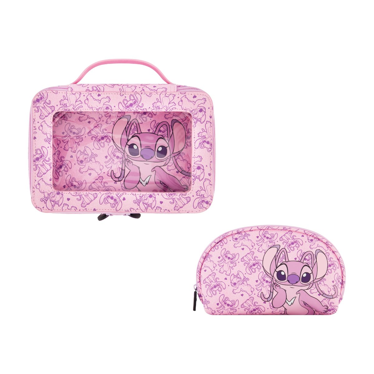 Pink Disney Lilo & Stitch 2-Piece Travel Cosmetic Case Set, featuring the adorable Angel includes a large cosmetic case and a smaller pouch, both adorned with a playful all-over Angel print. Both pieces are perfect for keeping your beauty essentials, toiletries, and accessories organized on the go, with charming heart-shaped zipper pulls.