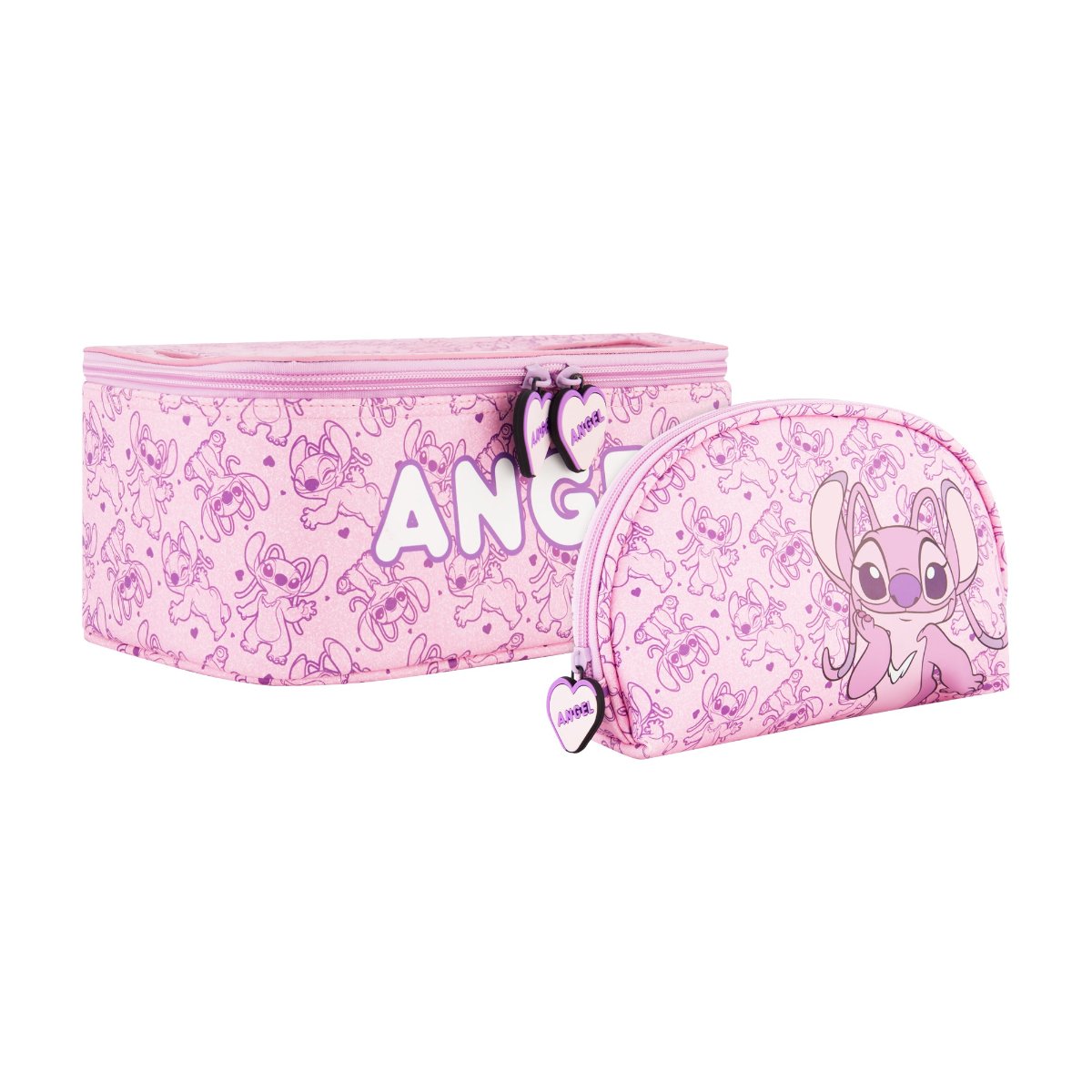 Pink Disney Lilo & Stitch 2-Piece Travel Cosmetic Case Set, featuring the adorable Angel includes a large cosmetic case and a smaller pouch, both adorned with a playful all-over Angel print. Both pieces are perfect for keeping your beauty essentials, toiletries, and accessories organized on the go, with charming heart-shaped zipper pulls.