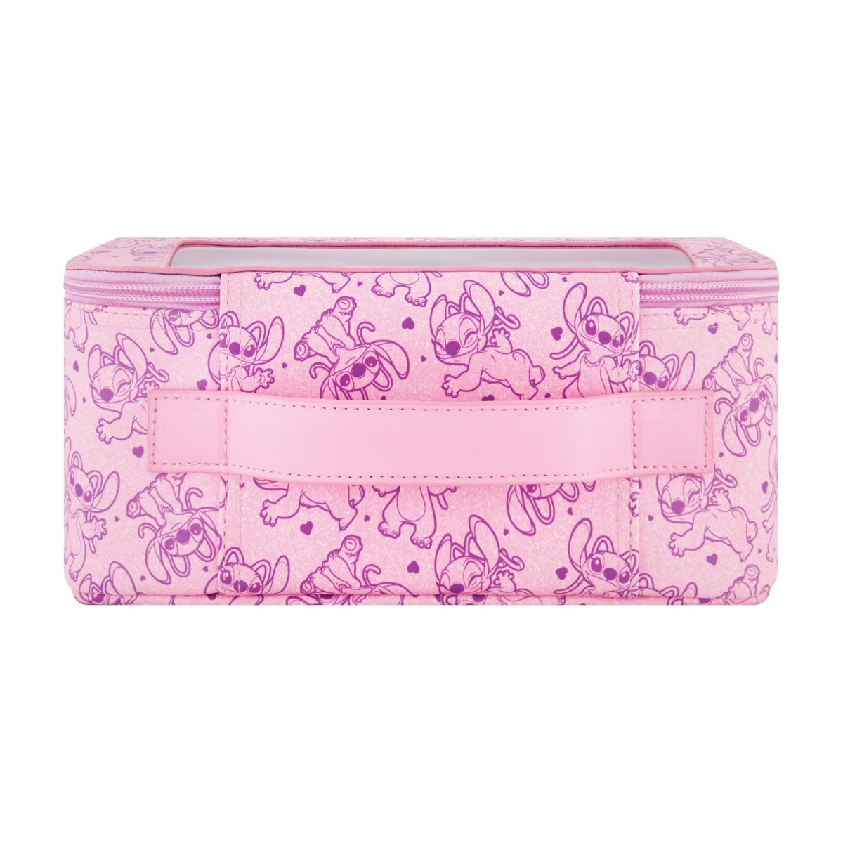 Pink Disney Lilo & Stitch 2-Piece Travel Cosmetic Case Set, featuring the adorable Angel includes a large cosmetic case and a smaller pouch, both adorned with a playful all-over Angel print. Both pieces are perfect for keeping your beauty essentials, toiletries, and accessories organized on the go, with charming heart-shaped zipper pulls.