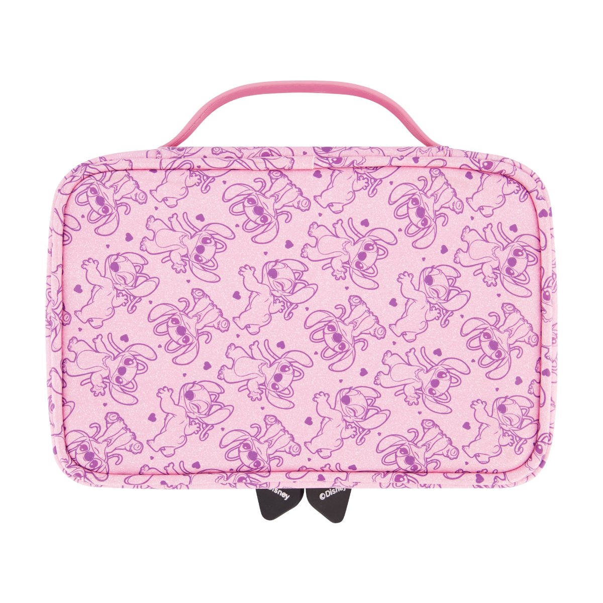 Pink Disney Lilo & Stitch 2-Piece Travel Cosmetic Case Set, featuring the adorable Angel includes a large cosmetic case and a smaller pouch, both adorned with a playful all-over Angel print. Both pieces are perfect for keeping your beauty essentials, toiletries, and accessories organized on the go, with charming heart-shaped zipper pulls.