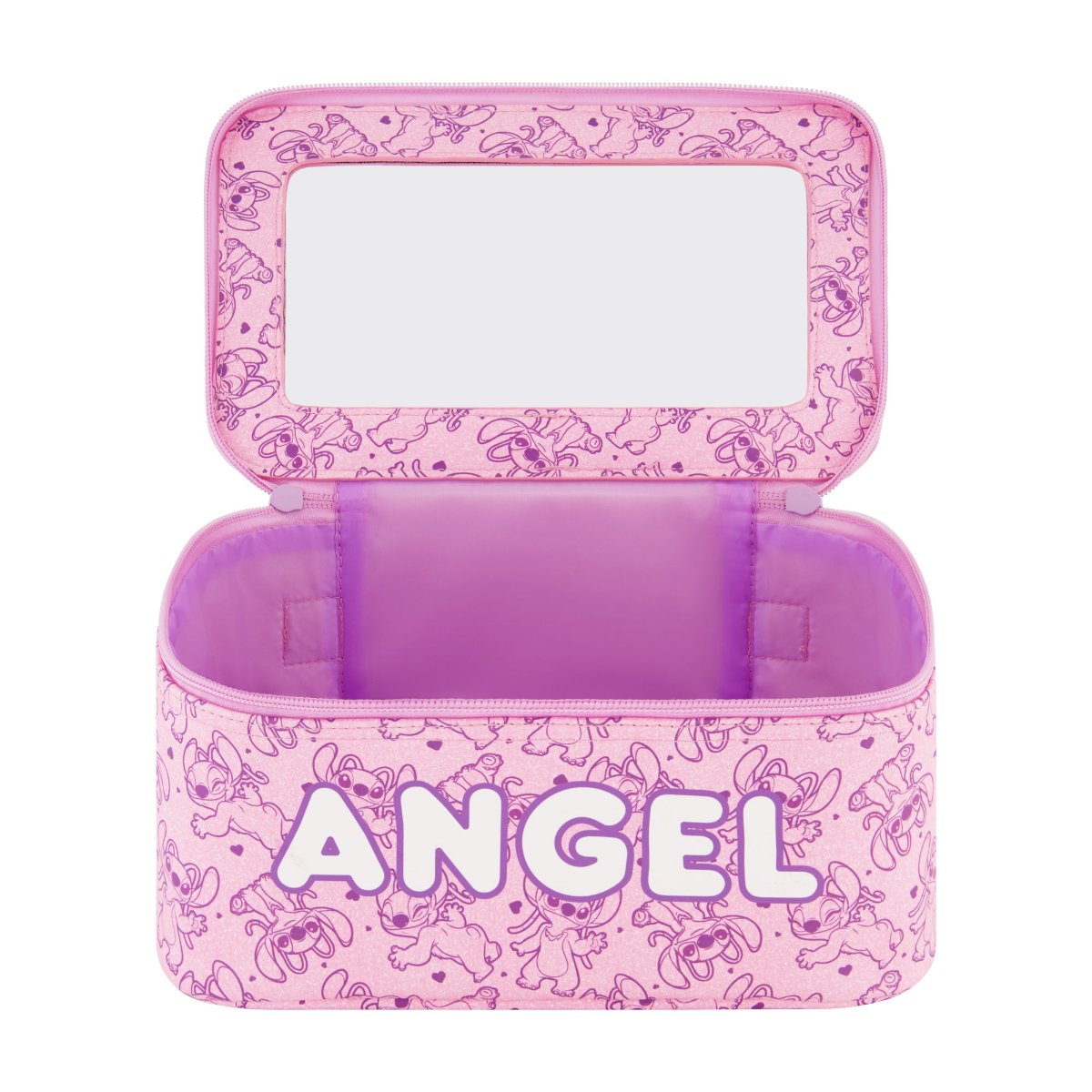 Pink Disney Lilo & Stitch 2-Piece Travel Cosmetic Case Set, featuring the adorable Angel includes a large cosmetic case and a smaller pouch, both adorned with a playful all-over Angel print. Both pieces are perfect for keeping your beauty essentials, toiletries, and accessories organized on the go, with charming heart-shaped zipper pulls.