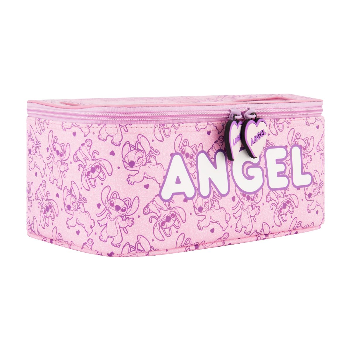 Pink Disney Lilo & Stitch 2-Piece Travel Cosmetic Case Set, featuring the adorable Angel includes a large cosmetic case and a smaller pouch, both adorned with a playful all-over Angel print. Both pieces are perfect for keeping your beauty essentials, toiletries, and accessories organized on the go, with charming heart-shaped zipper pulls.