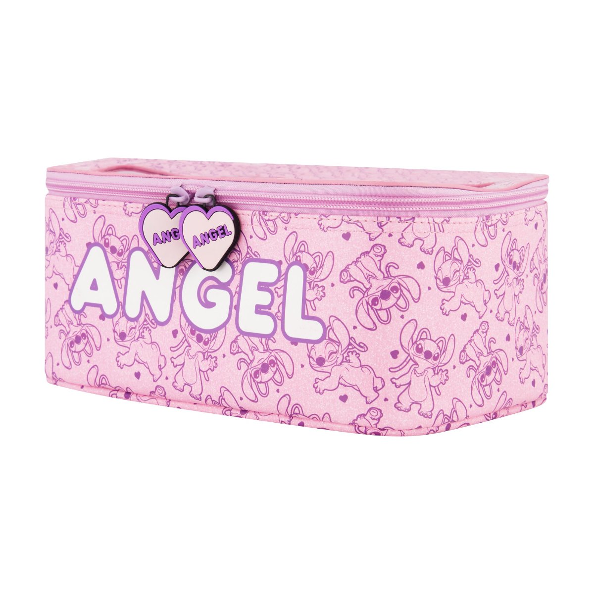 Pink Disney Lilo & Stitch 2-Piece Travel Cosmetic Case Set, featuring the adorable Angel includes a large cosmetic case and a smaller pouch, both adorned with a playful all-over Angel print. Both pieces are perfect for keeping your beauty essentials, toiletries, and accessories organized on the go, with charming heart-shaped zipper pulls.