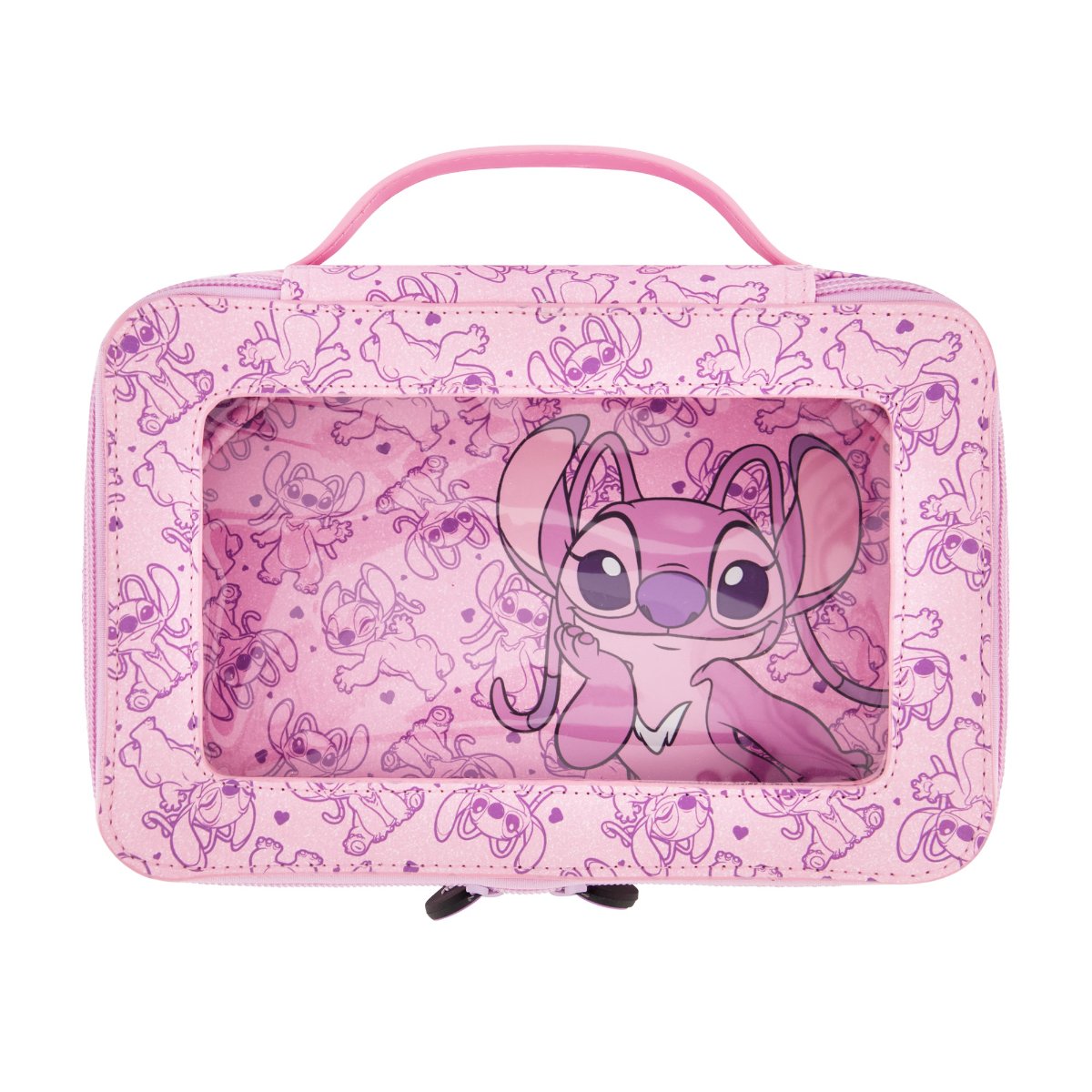 Pink Disney Lilo & Stitch 2-Piece Travel Cosmetic Case Set, featuring the adorable Angel includes a large cosmetic case and a smaller pouch, both adorned with a playful all-over Angel print. Both pieces are perfect for keeping your beauty essentials, toiletries, and accessories organized on the go, with charming heart-shaped zipper pulls.