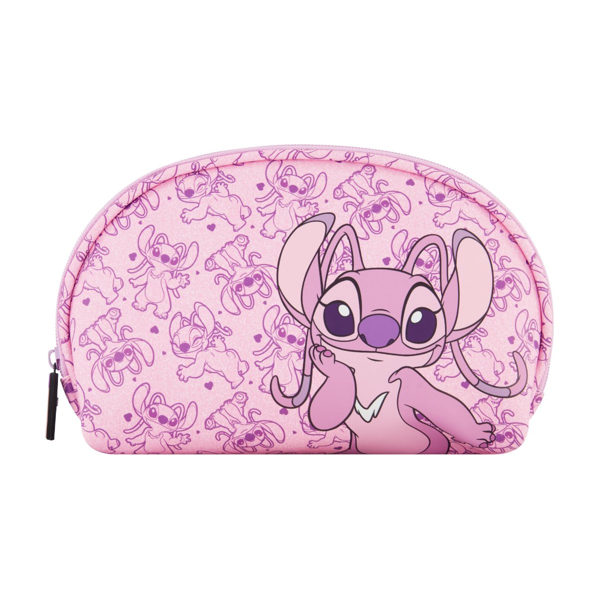Pink Disney Lilo & Stitch 2-Piece Travel Cosmetic Case Set, featuring the adorable Angel includes a large cosmetic case and a smaller pouch, both adorned with a playful all-over Angel print. Both pieces are perfect for keeping your beauty essentials, toiletries, and accessories organized on the go, with charming heart-shaped zipper pulls.