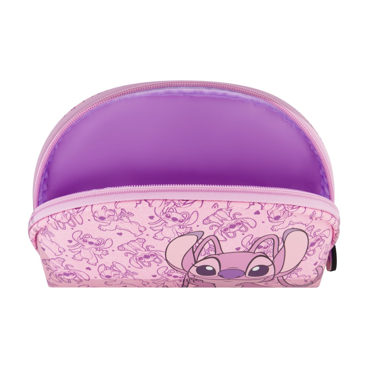 Pink Disney Lilo & Stitch 2-Piece Travel Cosmetic Case Set, featuring the adorable Angel includes a large cosmetic case and a smaller pouch, both adorned with a playful all-over Angel print. Both pieces are perfect for keeping your beauty essentials, toiletries, and accessories organized on the go, with charming heart-shaped zipper pulls.