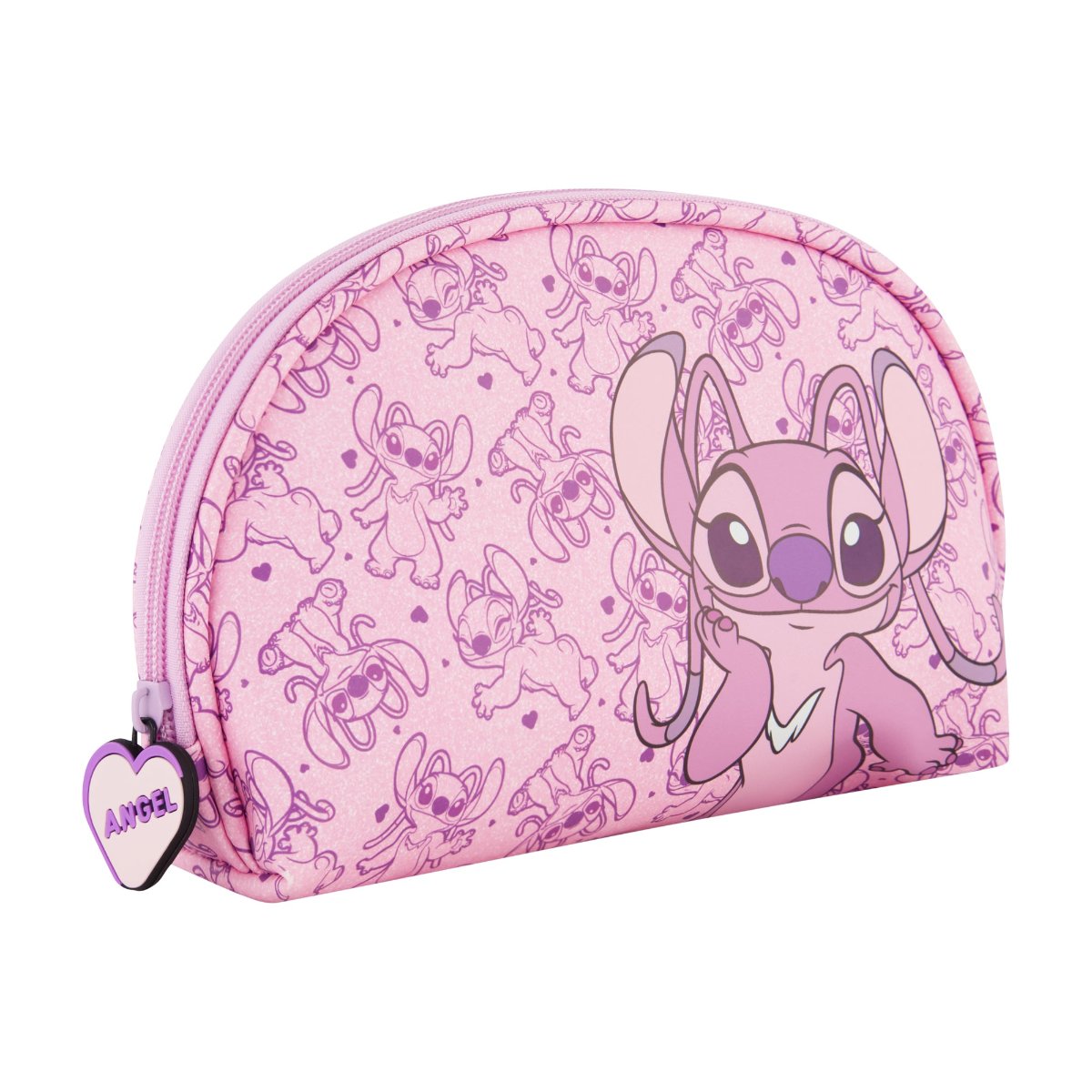 Pink Disney Lilo & Stitch 2-Piece Travel Cosmetic Case Set, featuring the adorable Angel includes a large cosmetic case and a smaller pouch, both adorned with a playful all-over Angel print. Both pieces are perfect for keeping your beauty essentials, toiletries, and accessories organized on the go, with charming heart-shaped zipper pulls.