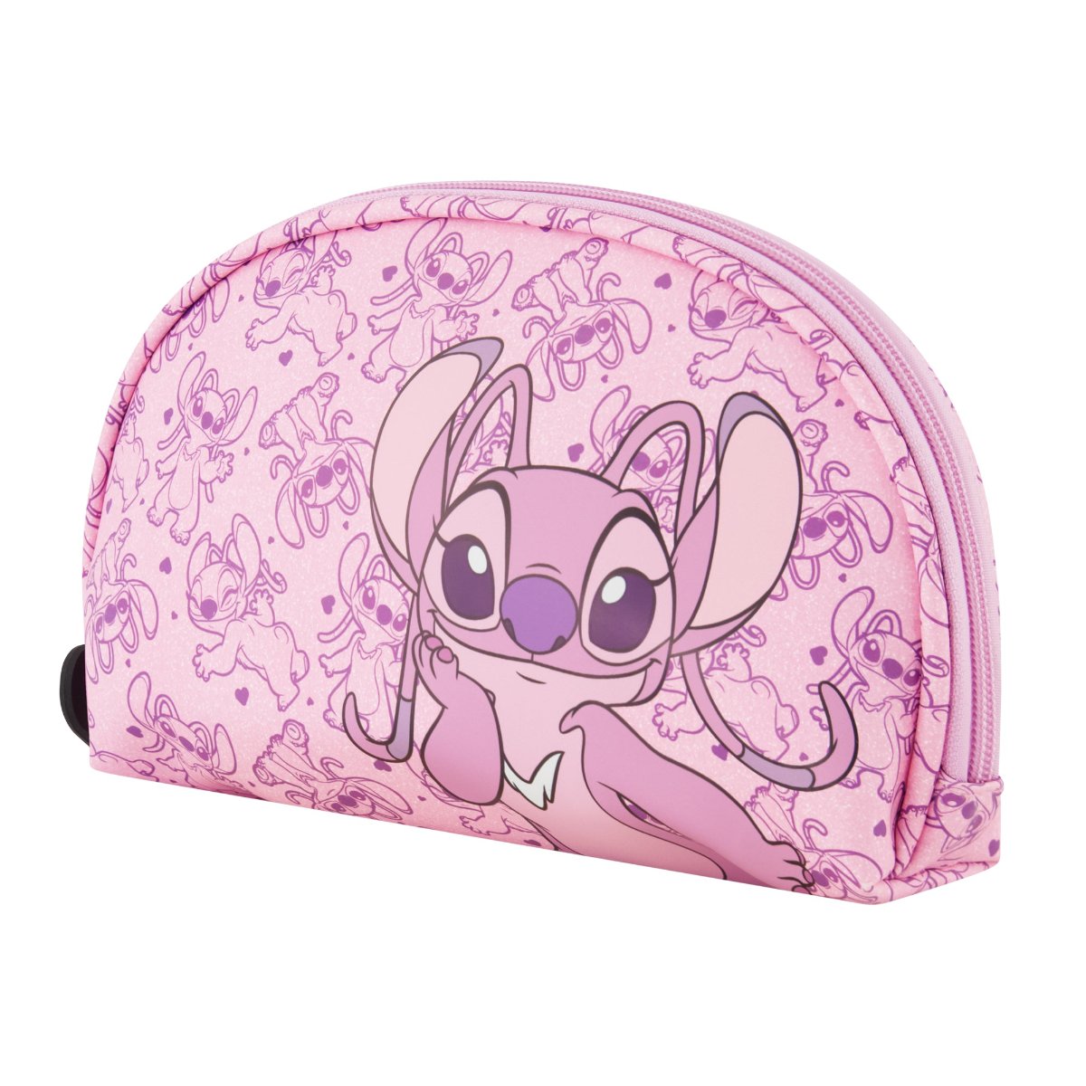 Pink Disney Lilo & Stitch 2-Piece Travel Cosmetic Case Set, featuring the adorable Angel includes a large cosmetic case and a smaller pouch, both adorned with a playful all-over Angel print. Both pieces are perfect for keeping your beauty essentials, toiletries, and accessories organized on the go, with charming heart-shaped zipper pulls.