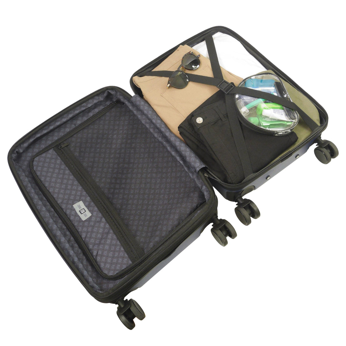 REVOLUTION 22.5" blue carry-on luggage spinner suitcase. This sleek and durable carry-on features a hard-shell exterior to protect your essentials.