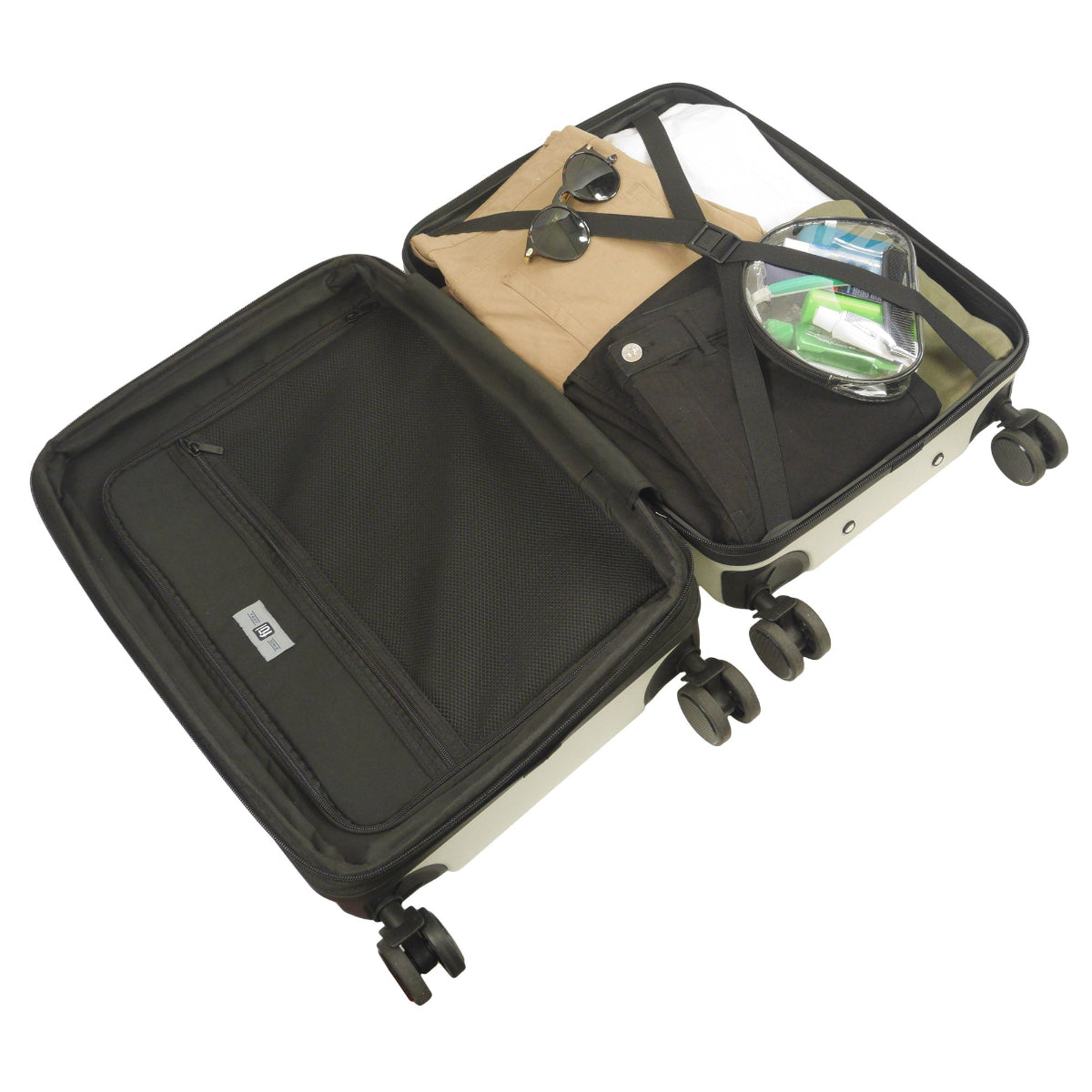 REVOLUTION 22.5" white carry-on luggage spinner suitcase. This sleek and durable carry-on features a hard-shell exterior to protect your essentials.
