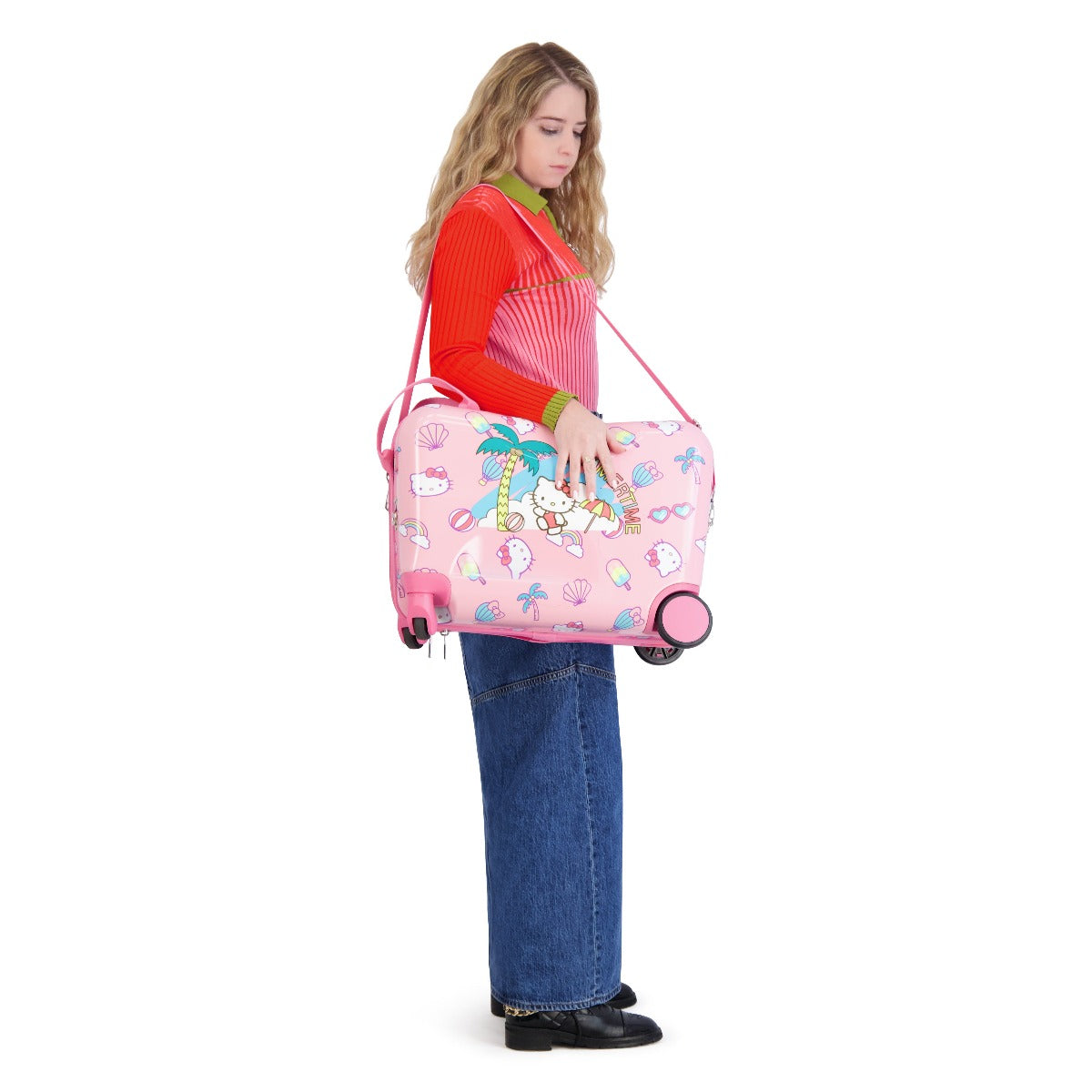Pink Hello Kitty Summertime Ride-on 14.5 inch carry-on spinner suitcase rolling luggage for kids travel