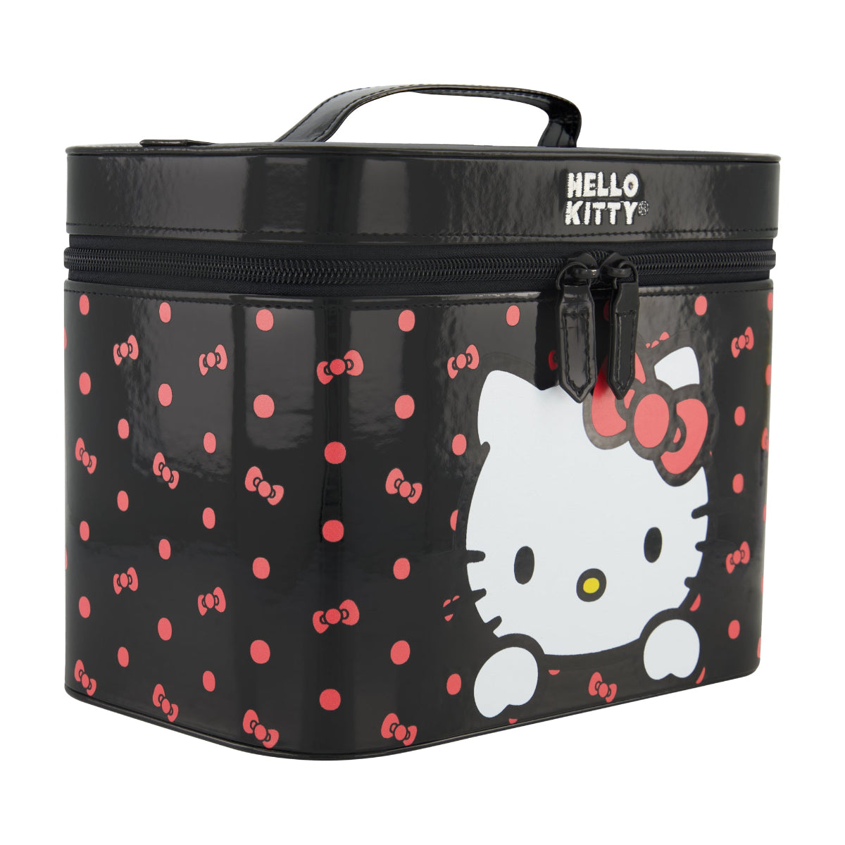 Sanrio Hello Kitty black large cosmetic case organizer featuring a sleek black patent finish with an adorable Hello Kitty peeking design