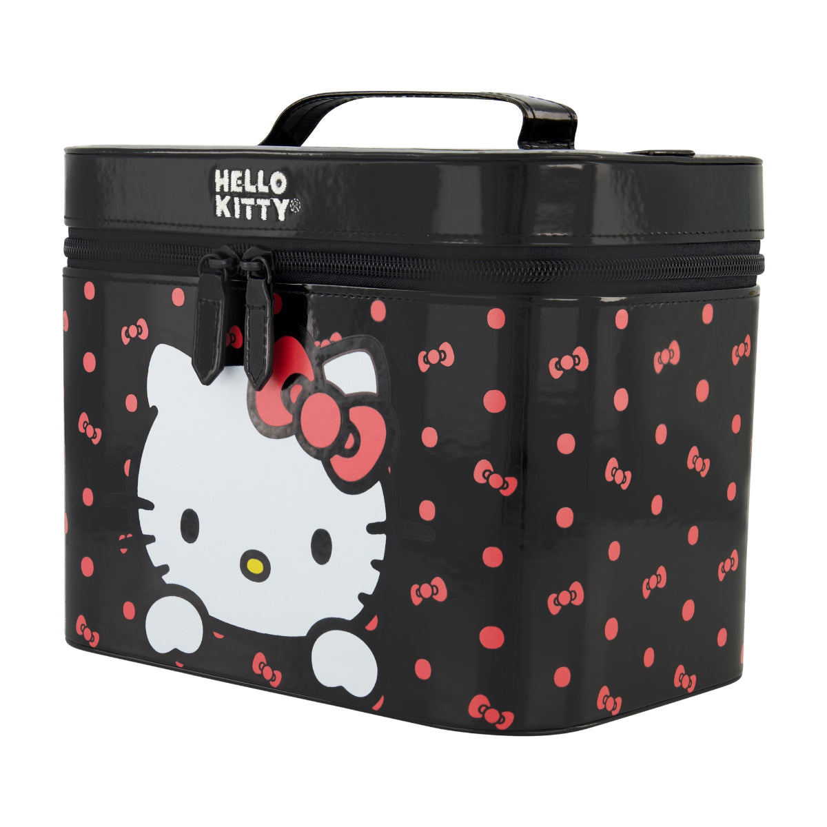 Sanrio Hello Kitty black large cosmetic case organizer featuring a sleek black patent finish with an adorable Hello Kitty peeking design