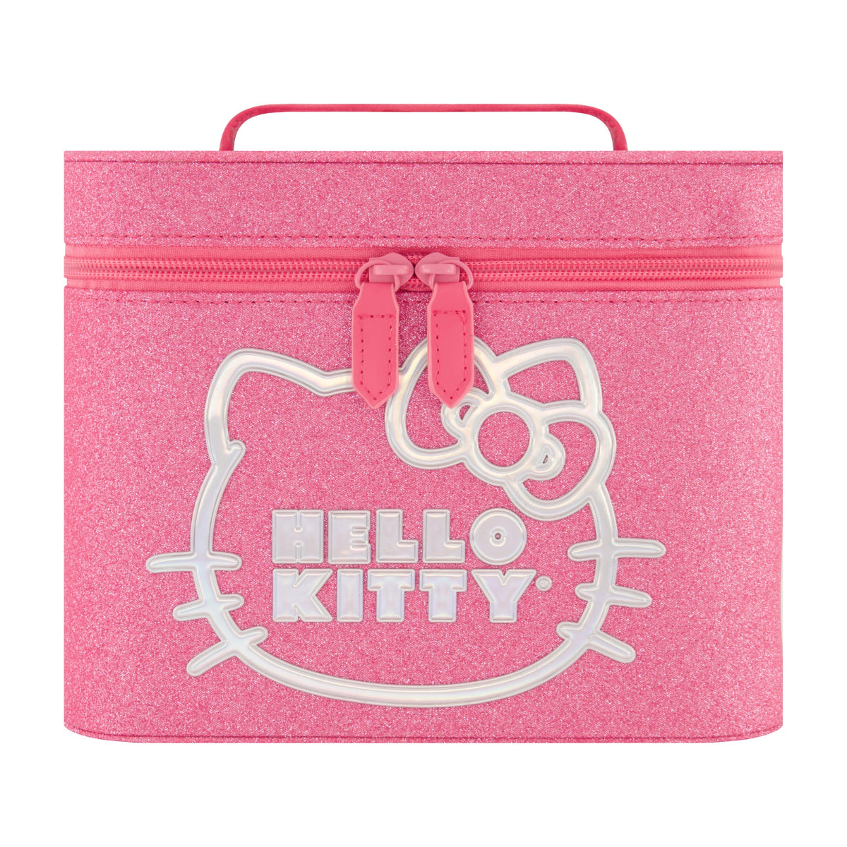 Sanrio Hello Kitty pink large cosmetic case! Designed for fans of Hello Kitty, this sparkling pink organizer features a glittery exterior with a bold Hello Kitty outline and logo