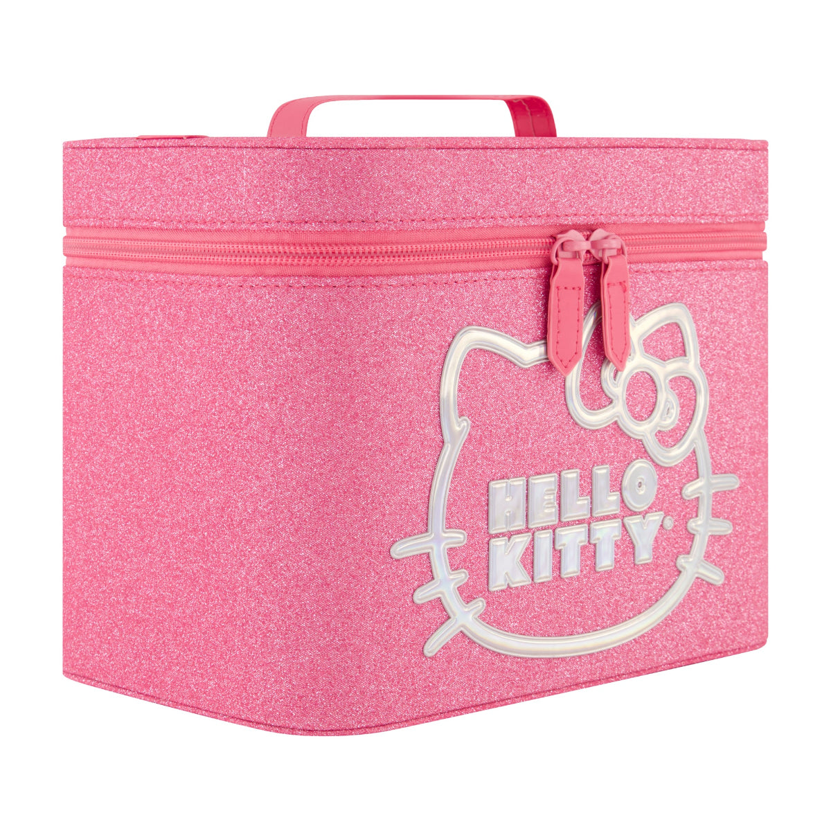 Sanrio Hello Kitty pink large cosmetic case! Designed for fans of Hello Kitty, this sparkling pink organizer features a glittery exterior with a bold Hello Kitty outline and logo