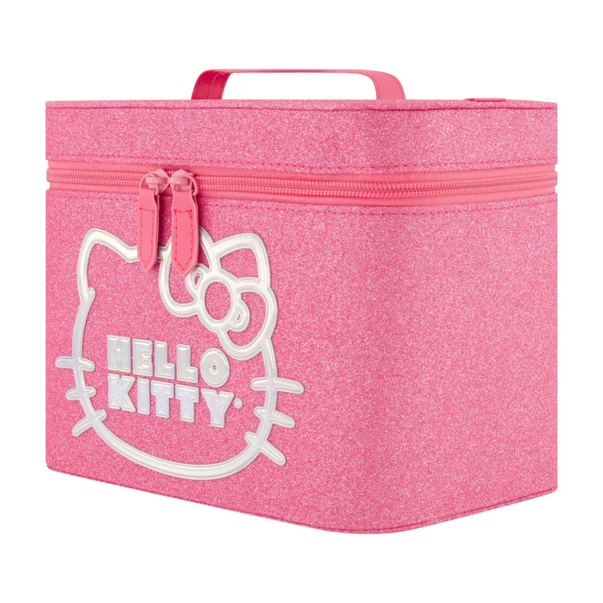 Sanrio Hello Kitty pink large cosmetic case! Designed for fans of Hello Kitty, this sparkling pink organizer features a glittery exterior with a bold Hello Kitty outline and logo