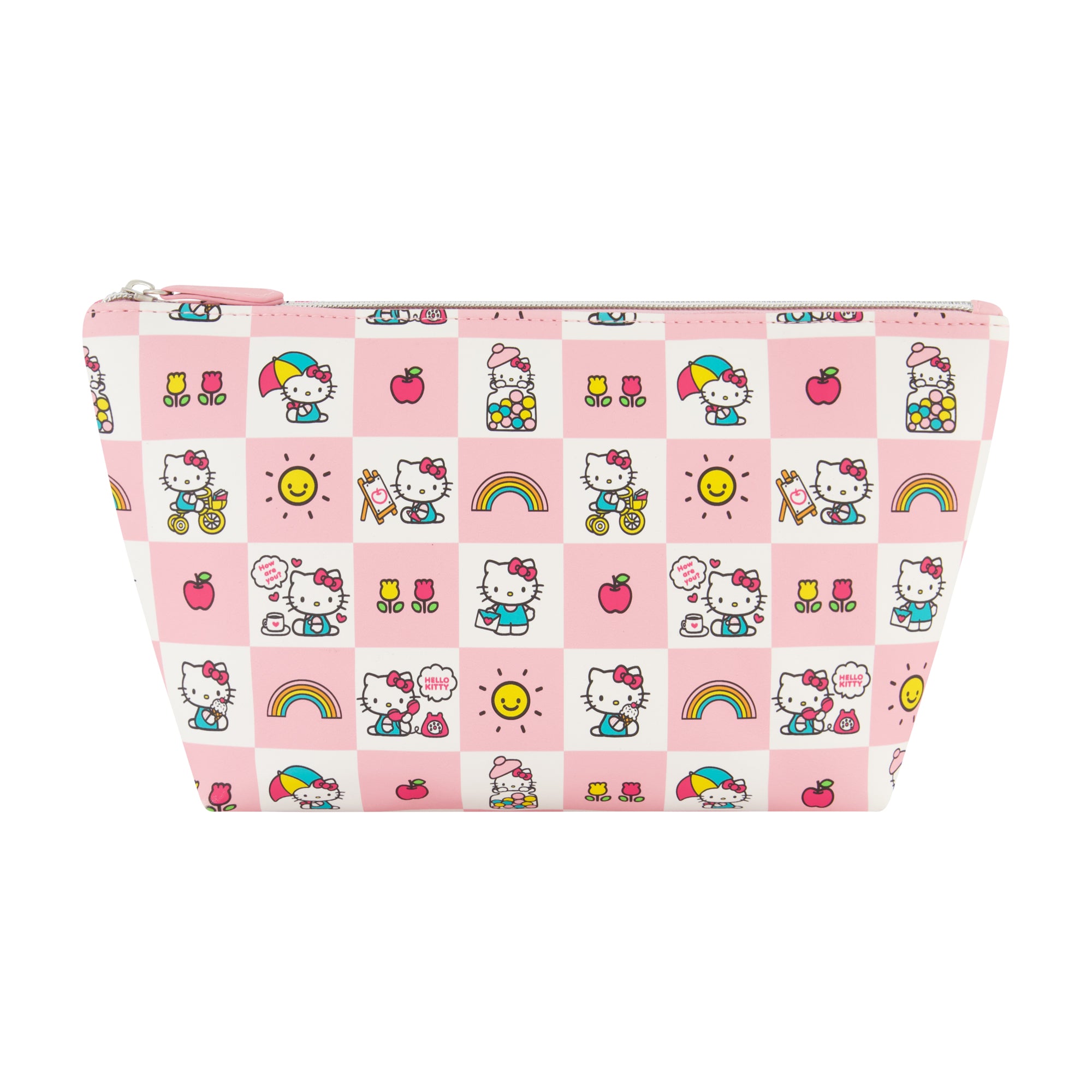 Sanrio Hello Kitty trapezoid cosmetic travel bag! Featuring a pastel pink and white checkered print with adorable Hello Kitty illustrations