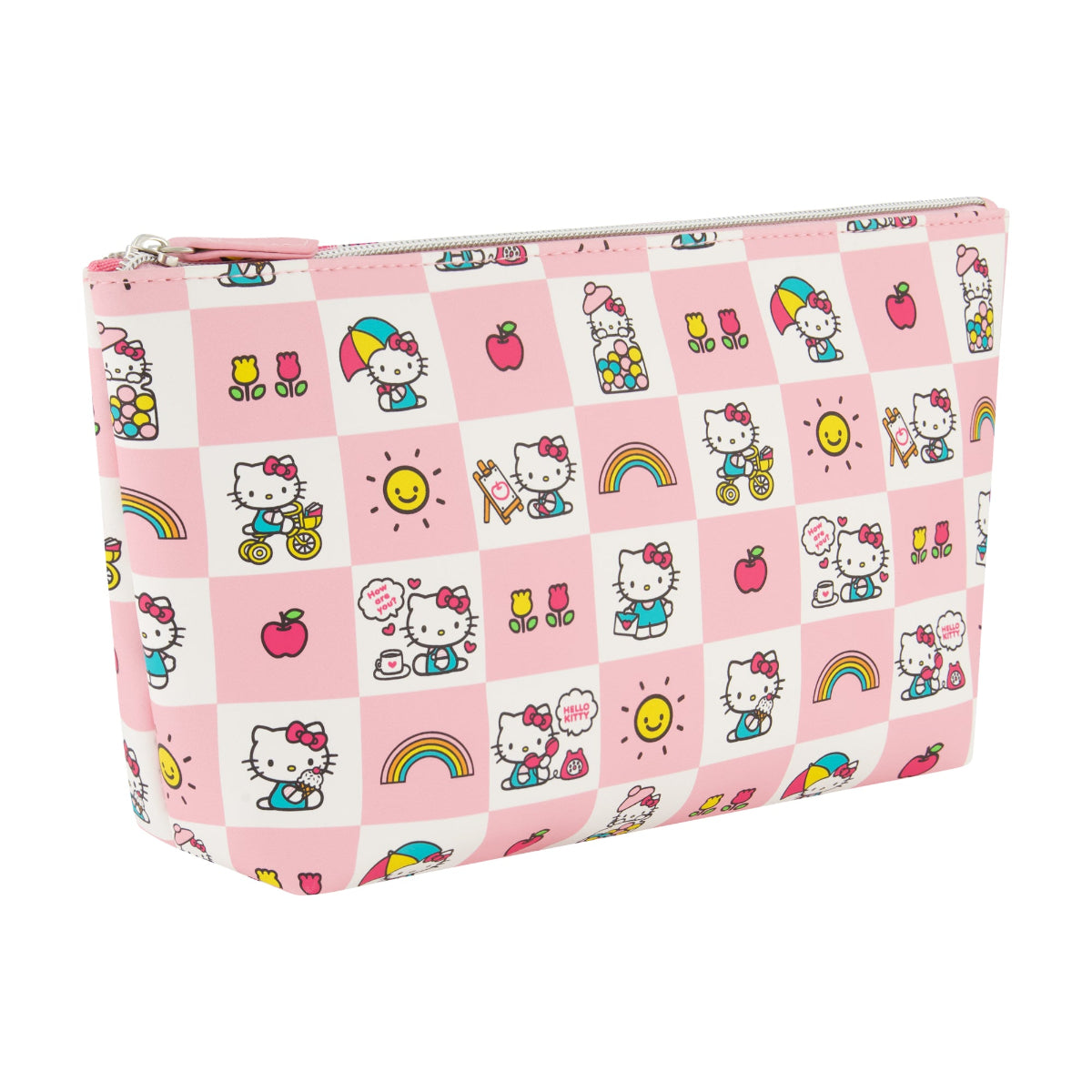 Sanrio Hello Kitty trapezoid cosmetic travel bag! Featuring a pastel pink and white checkered print with adorable Hello Kitty illustrations
