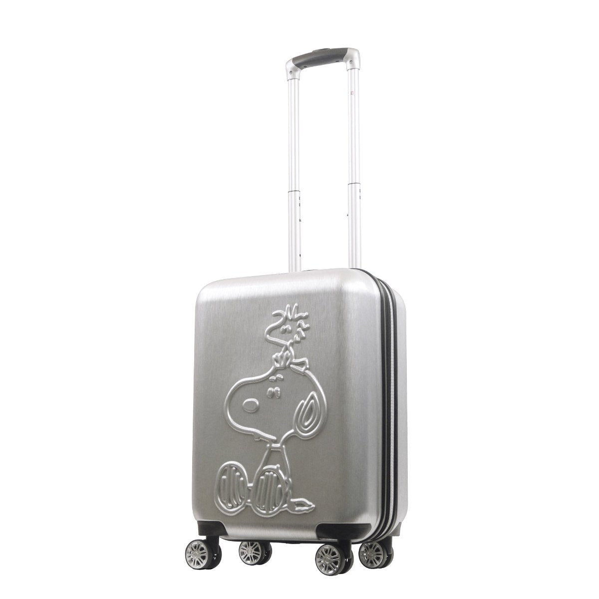 Peanuts Snoopy & Woodstock embossed molded hardside 22" carryon silver carry-on spinner suitcase rolling luggage by Ful