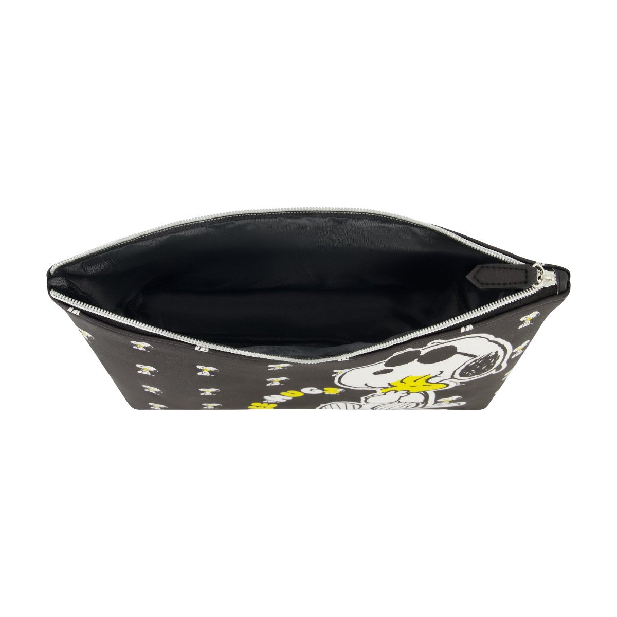Sleek Black backdrop with Snoopy hugging Woodstock "Free Hugs" and mini icons all over spacious travel cosmetic bag inside capacity
