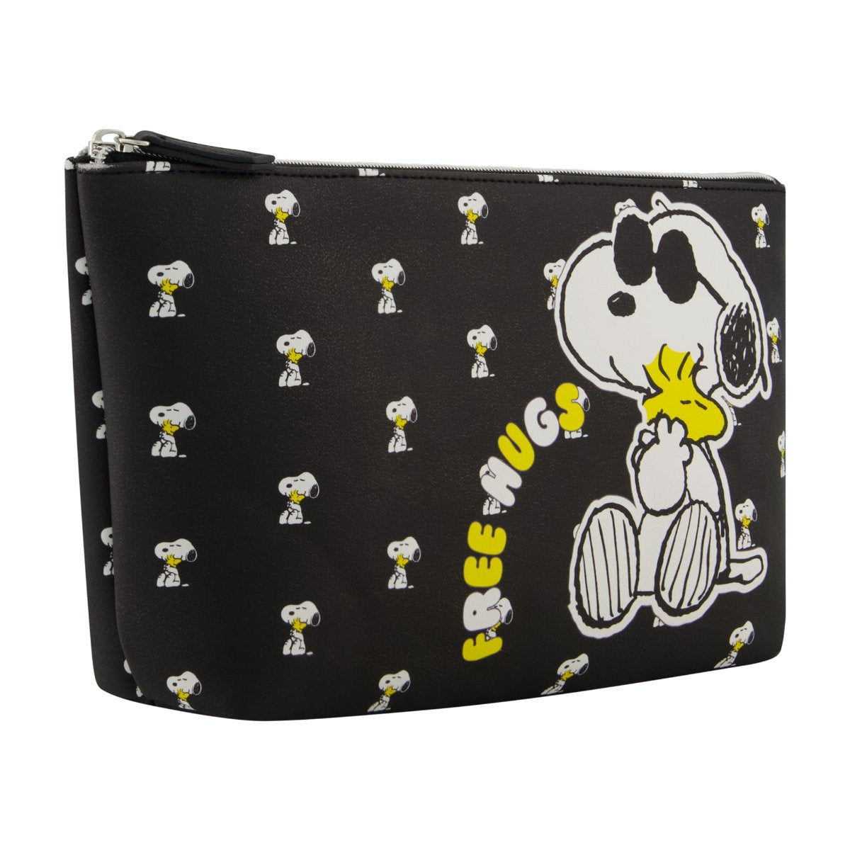 Sleek Black backdrop with Snoopy hugging Woodstock "Free Hugs" and mini icons all over spacious travel cosmetic bag left angle