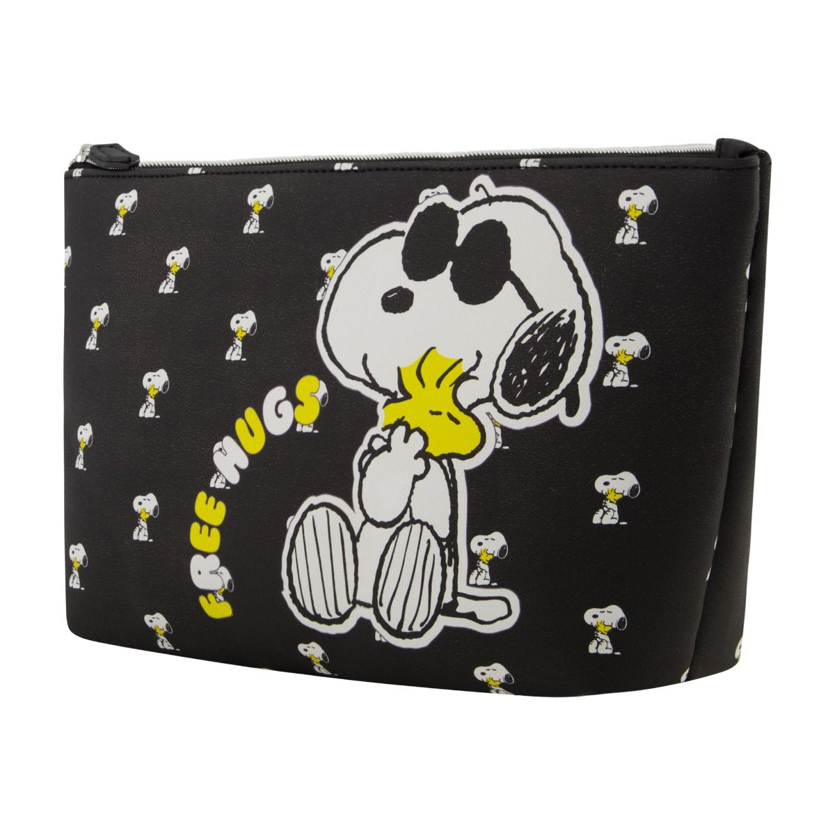 Sleek Black backdrop with Snoopy hugging Woodstock "Free Hugs" and mini icons all over spacious travel cosmetic bag right angle