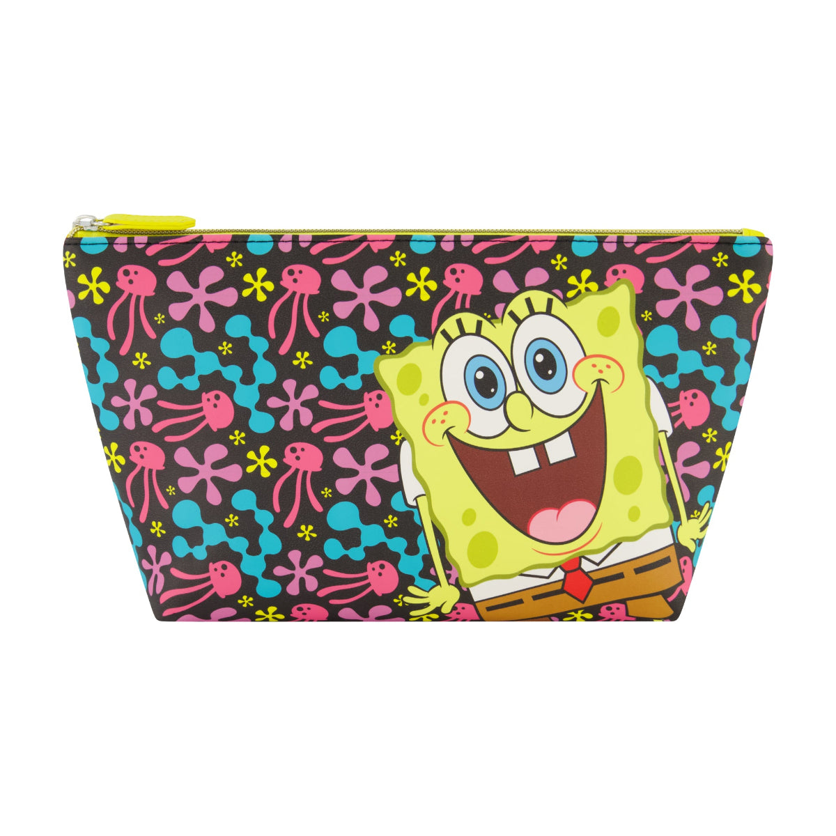 SpongeBob SquarePants Jellyfish Fields Cosmetic Bag featuring a bright and playful all-over print of SpongeBob surrounded by colorful jellyfish and underwater florals