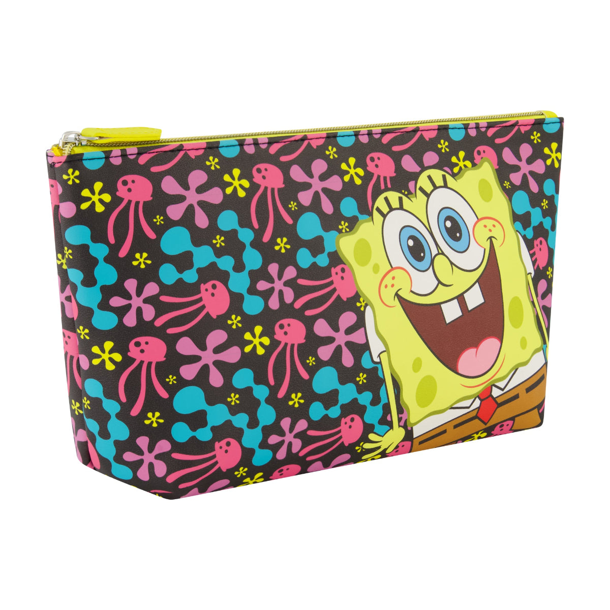 SpongeBob SquarePants Jellyfish Fields Cosmetic Bag featuring a bright and playful all-over print of SpongeBob surrounded by colorful jellyfish and underwater florals