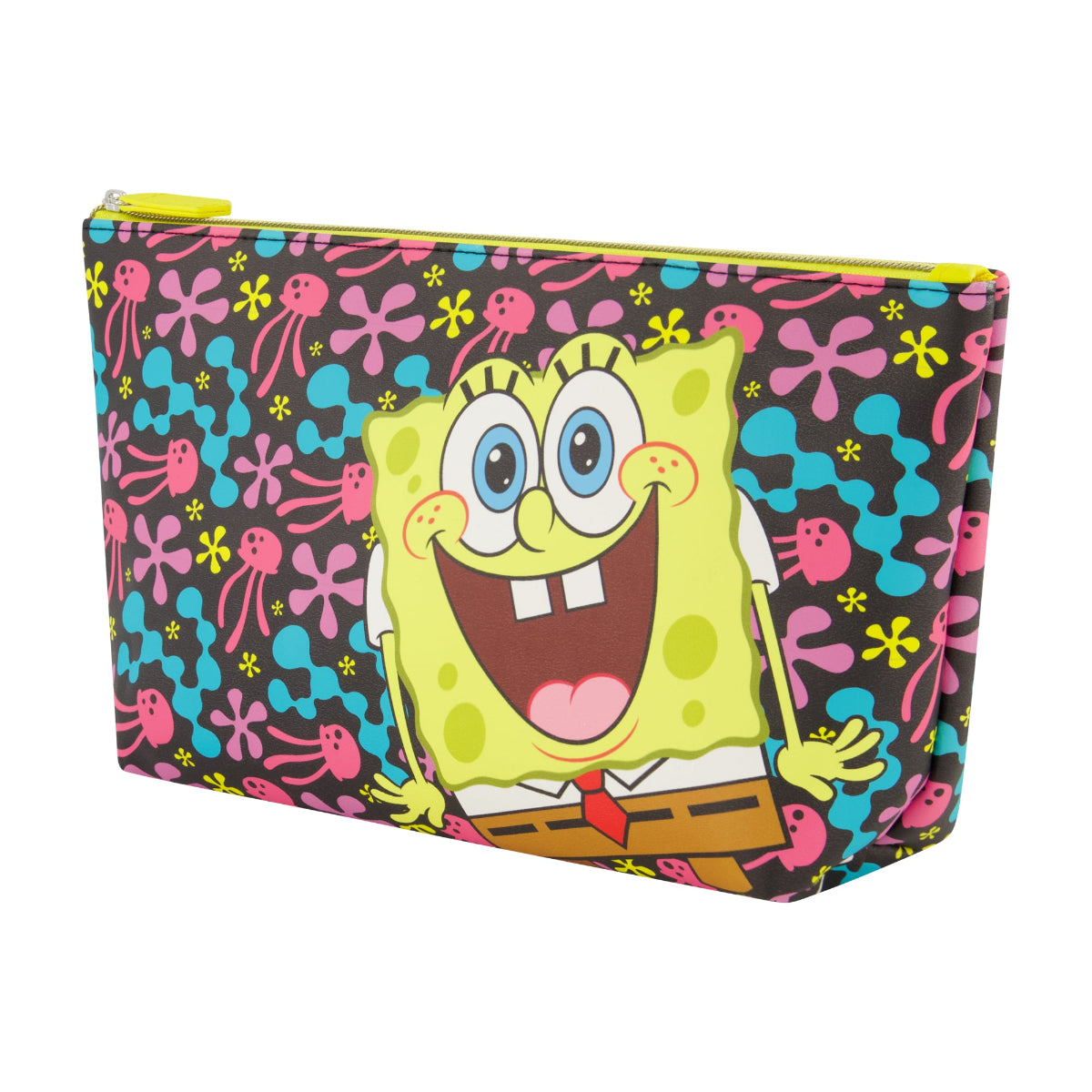 SpongeBob SquarePants Jellyfish Fields Cosmetic Bag featuring a bright and playful all-over print of SpongeBob surrounded by colorful jellyfish and underwater florals