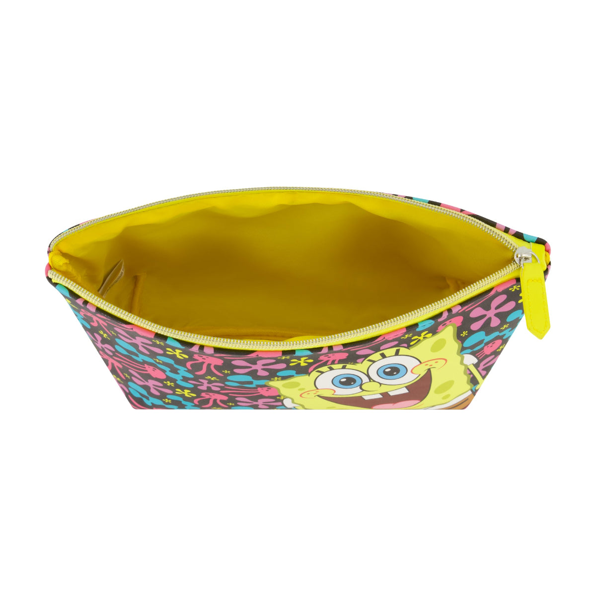 SpongeBob SquarePants Jellyfish Fields Cosmetic Bag featuring a bright and playful all-over print of SpongeBob surrounded by colorful jellyfish and underwater florals