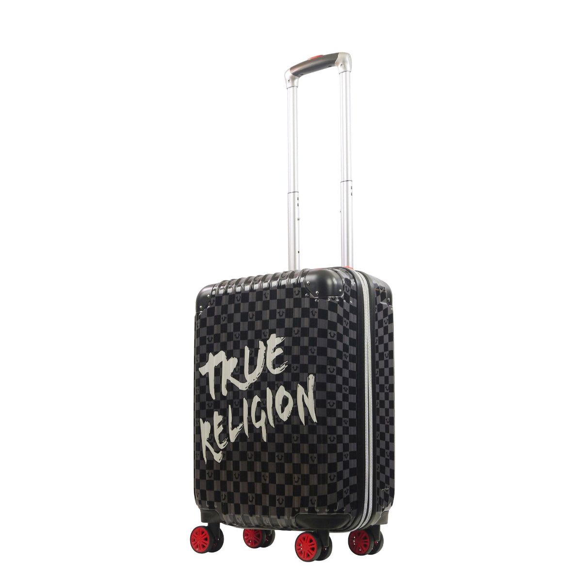 True Religion 22.5" Iconic Big Logo black checkered carry-on hard sided expandable luggage suitcase durable, fast and effort-free transportation with 360° spinner wheels. Officially licensed True Religion.