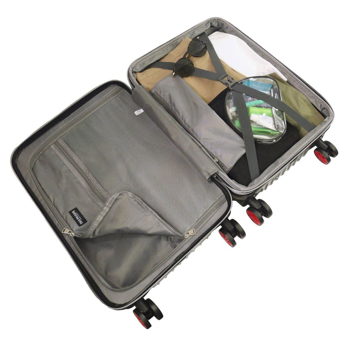 True Religion 22.5" Iconic Big Logo black checkered carry-on hard sided expandable luggage suitcase durable, fast and effort-free transportation with 360° spinner wheels. Officially licensed True Religion. Interior capacity.