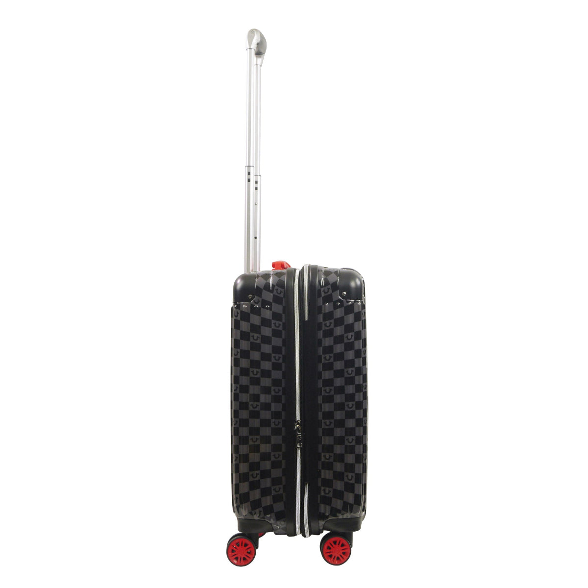 True Religion 22.5" Iconic Big Logo black checkered carry-on hard sided expandable luggage suitcase durable, fast and effort-free transportation with 360° spinner wheels. Officially licensed True Religion. Side view.