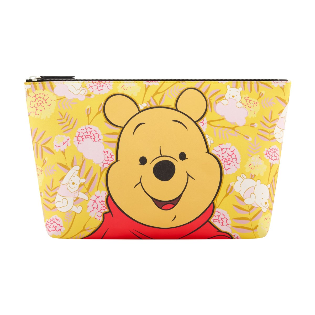 Winnie the Pooh face on vibrant yellow background with mini icons spacious interior trapezoid cosmetic bag.