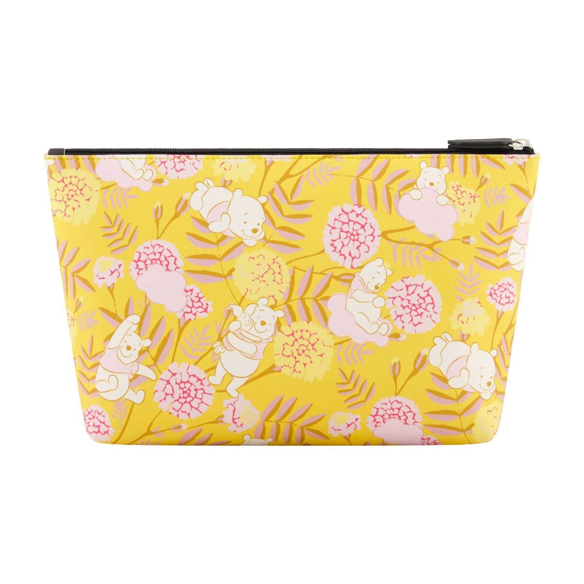 Winnie the Pooh face on vibrant yellow background with mini icons spacious interior trapezoid cosmetic bag back view