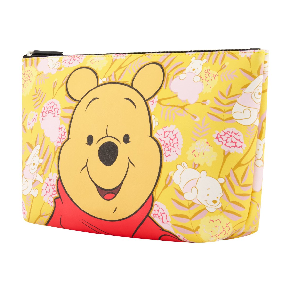 Winnie the Pooh face on vibrant yellow background with mini icons spacious interior trapezoid cosmetic bag right angle