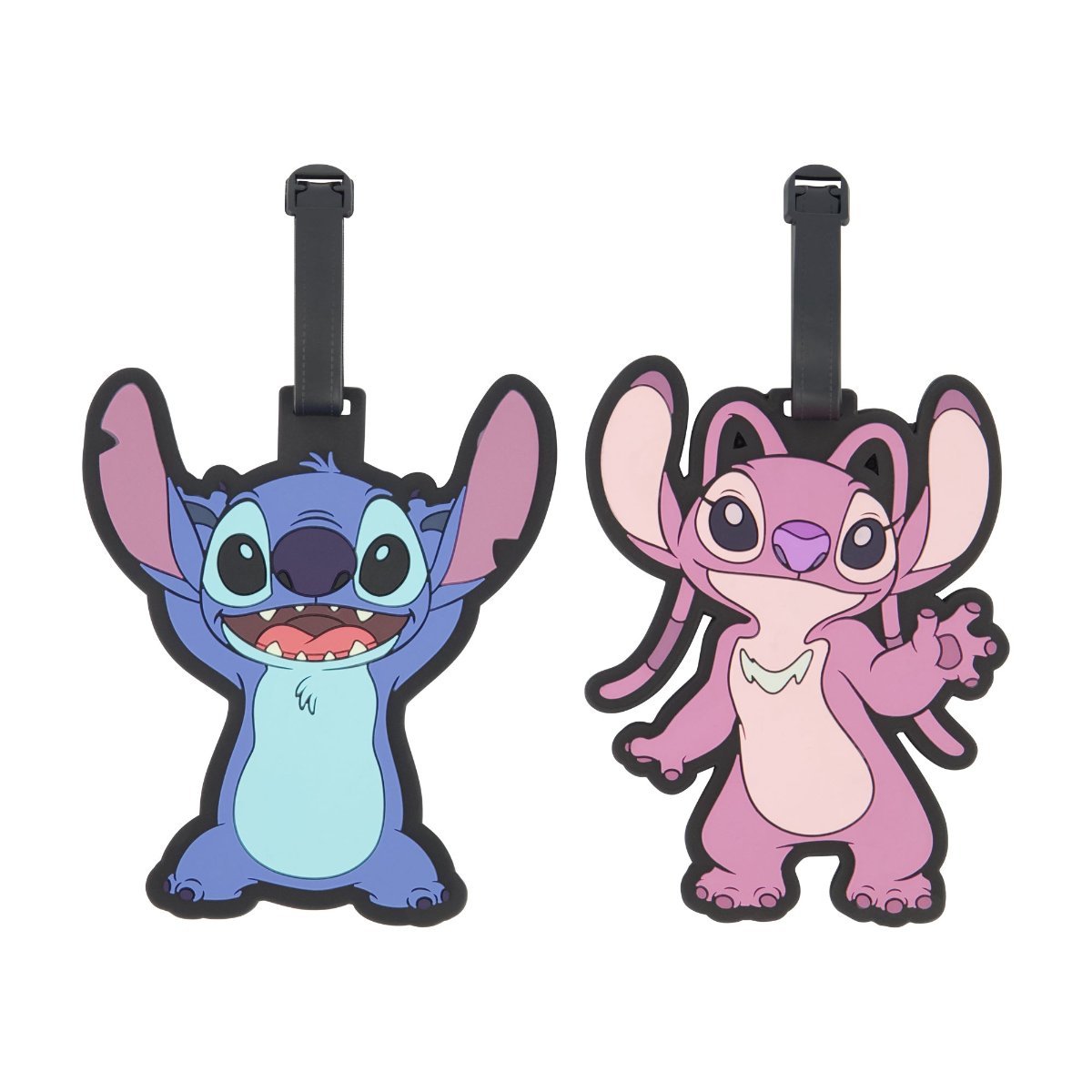 Blue and pink officially licensed Disney merchandise includes 2 luggage tags: one of Stitch and one of Angel. vibrant designs with durable straps for secure attachment to any bag and ID card slots.