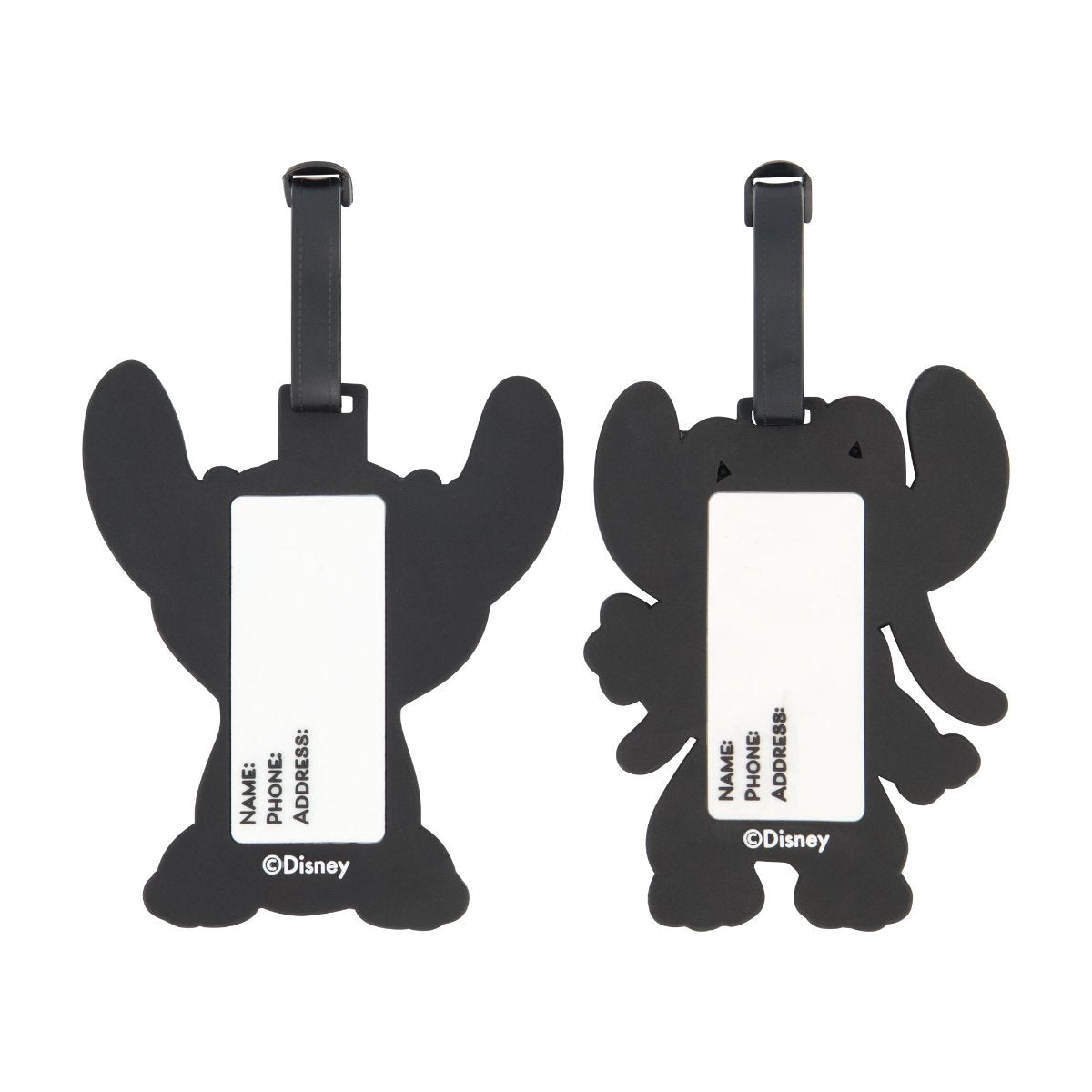 Blue and pink officially licensed Disney merchandise includes 2 luggage tags: one of Stitch and one of Angel. vibrant designs with durable straps for secure attachment to any bag and ID card slots, back view.