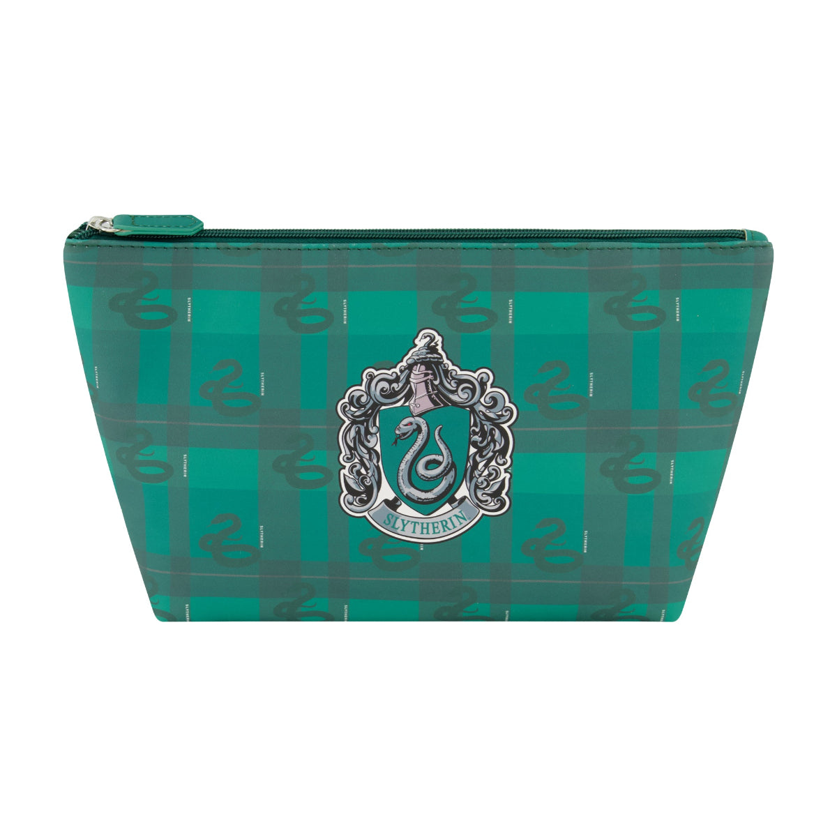 officially licensed Harry Potter cosmetic travel bag featuring a green plaid pattern adorned with the Slytherin crest and house emblem